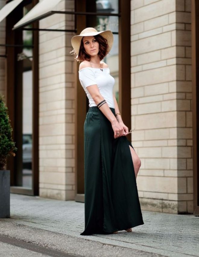 Culotte in moosgrün mit Carmenshirt & Sonnenhut