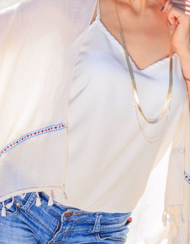 Kimono mit Sti­ckerei und Fransen zu BASICS